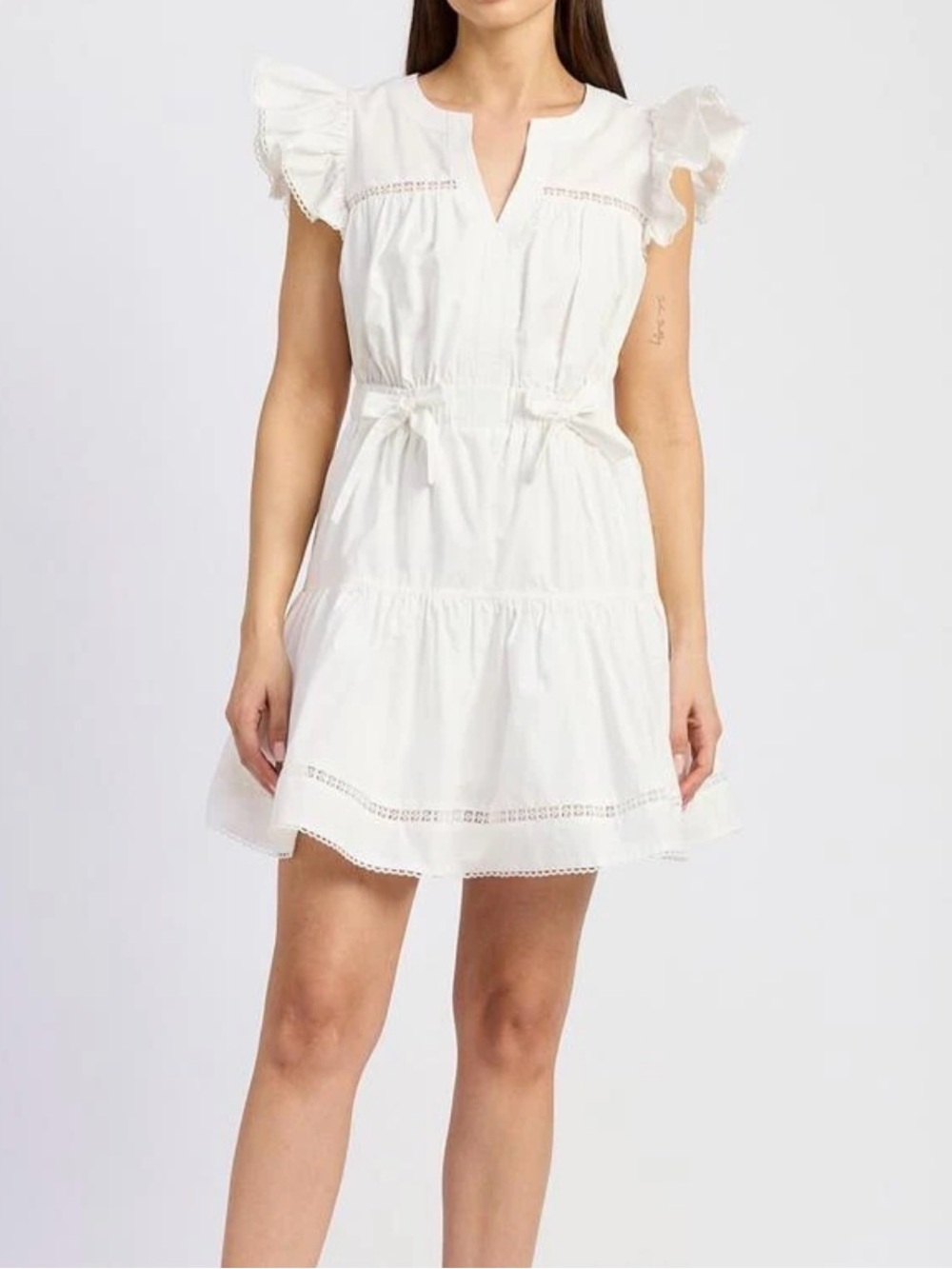 En Saison White Cotton Eyelet Tie-Waist Midi Dress